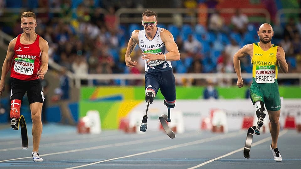 3 male lower limb amputee sprint athletes racing at London 2012 Paralympics